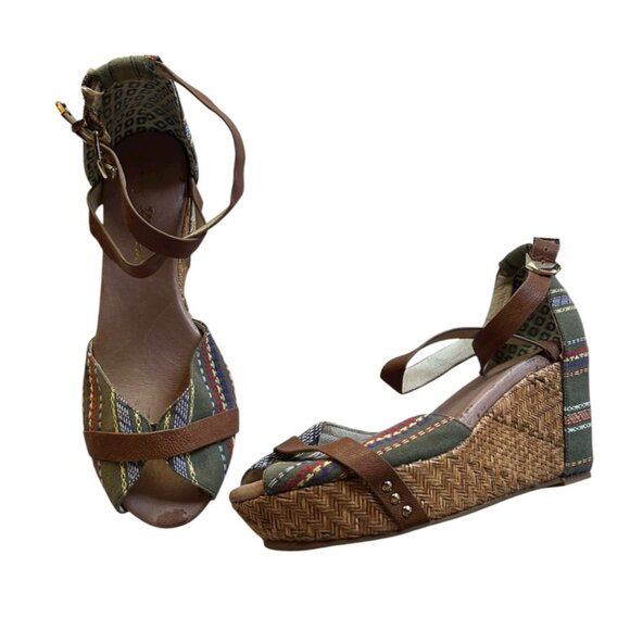 Matt Bernson army green ethnic stripe cotton leather strap espadrille platform 9 - Picture 1 of 7